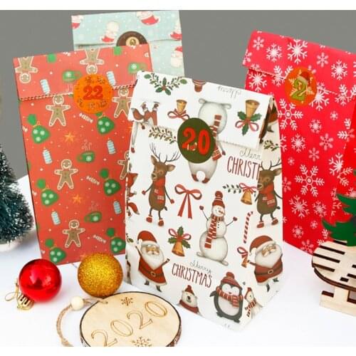 24sets Santa Claus Elk Christmas Paper Bag Gift Box Candy Chocolate Cookies Bag Party Favors Merry Christmas Decorations Navidad