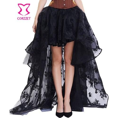 Corzzet Plus Size 6XL Black Floral Fluffy Tulle Skirt Ruffled Chiffon Burlesque Costumes Gothic Steampunk Skirts Matching Corset