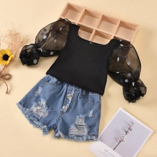 Denim shorts and Black Sweater tops set for Baby girls Clothes Child long sleeve T-Shirt & Jeans 2pcs Outfits Casual 1 to 6 year