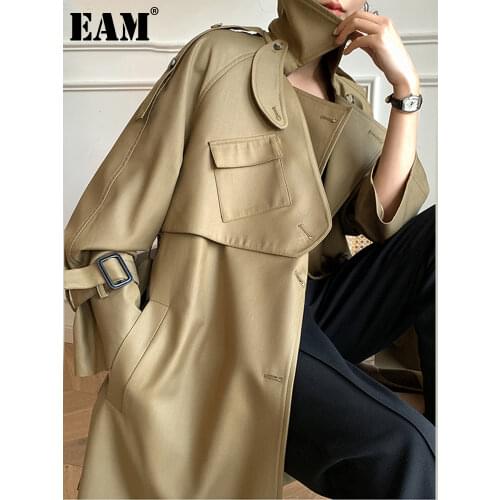 [EAM] Women KhakI Belted Big Size Long Trench New Lapel Long Sleeve Loose Fit Windbreaker Fashion Spring Autumn 2021 1DE2686