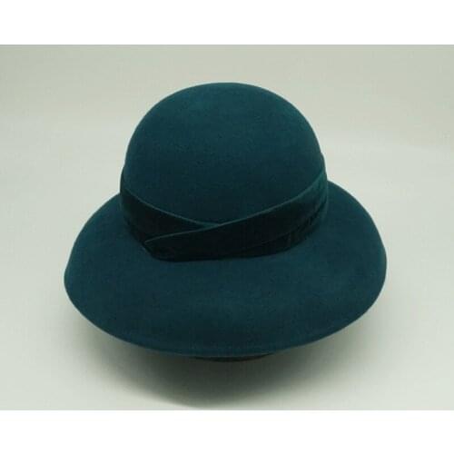French autumn and winter blue-green retro wool felt hat female British foreign trade Hepburn bell fisherman hat felt hat