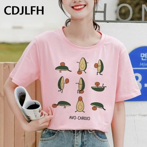 Kawaii Cartoon Avocado Pink Short Sleeve T-shirt Women Summer Tshirts Casual Avocado Graphic Top Female Tee Tops Oneck Oversized