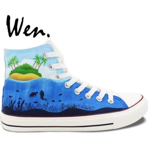 Wen Hand Painted Canvas Shoes Design Custom Seaworld Creatures High Top Flats Lace Up Sneakers for Men Womens Gifts