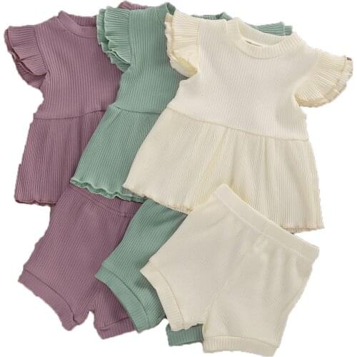 Little Baby Girls 2-Piece Outfit Set Sleeveless Ruffle Knitted Patchwork Ribbed T-Shirt Top Drawing Strap Elastic Band Shorts