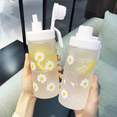 500ml Daisy Cute Water Bottles For Girls Portable Clear Frosted Water Bottle With Straw Plastic Bpa Free Students Drinking Cup