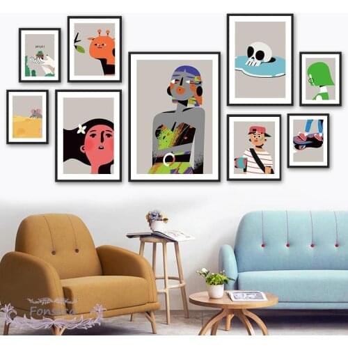 Cartoon Girl Boy Face Skateboard Cactus Skull Canvas Painting Cheese Mouse Cute Animal Poster Wall Art Nordic Pictures Kids Room