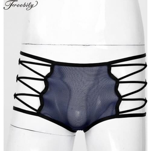 Cotton Men Boxer Brief Underpants Hollow Out Silky Panties Crisscross Mid Waist Translucent Sexy Underwear for Casual Bedtime