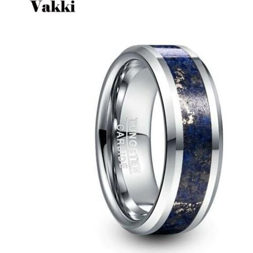 VAKKI 8mm Wide Tungsten Steel Mens Ring Tungsten Carbide Ring Wedding Engagement Steel Color Inlaid Lapis Punk Men Jewelry
