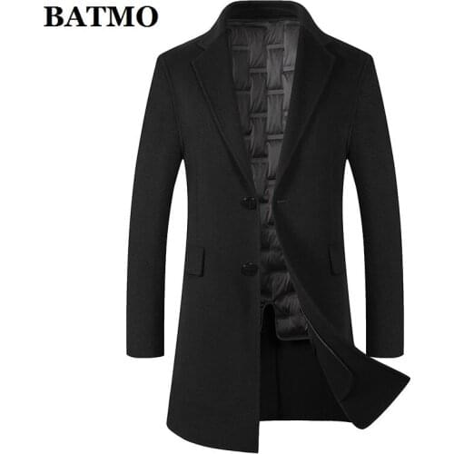 BATMO 2019 wool trench coat men,mens white duck down liner wool jackets,long trench coat,plus-size M-8XL 910