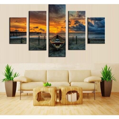 HD Print Landscape Sunset Boat Is Docked at the Beach Picture Home Decor Painting Canvas Wall Art Decoration for Room Customized