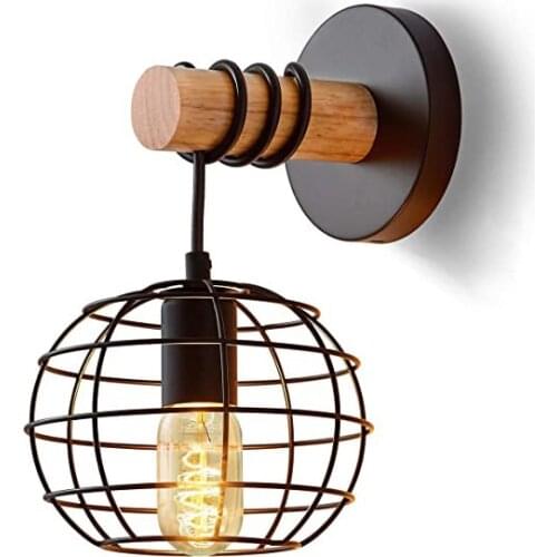 Retro Wall Lamp Industrial Style Iron Sconce Black Round Iron Lampshade Hotel Room Bedroom Bedside Lamp Wooden Arm Wall Light