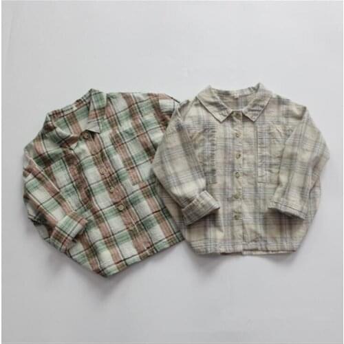 2021 new girls boys plaid shirt cotton linen summer full sleeve kids top