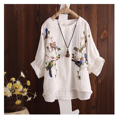 2021 New Women Cotton Floral Embroider Blouses Female Fashion Lantern Sleeve Shirts Summer Vintage Casual Loose Tops Blusa Q504