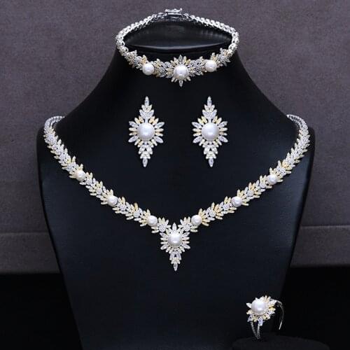 New Sweet Romantic Pearls 4 PC Necklace Bracelet Earrings Ring Jewelry Sets Cubic Zirconia Findings Bridal Wedding Noble Set