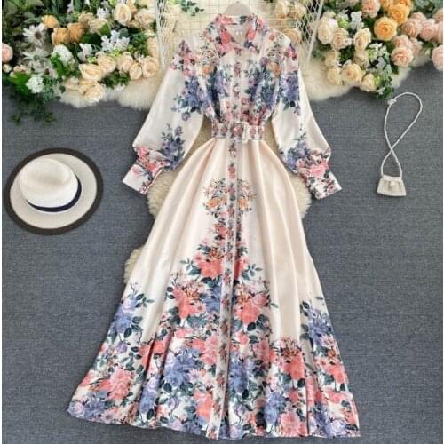 European and American style new dress lapel trend retro printing early autumn long-sleeved waist slimming big skirt fairy skirt