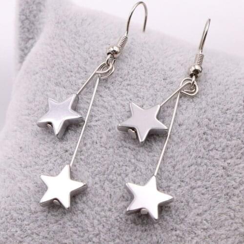 New Fashion Long Tassel Star Dangle Earrings for Women Eardrop Natural Hematite Stone 10mm Pentagram Ear Ornament Jewelry A541
