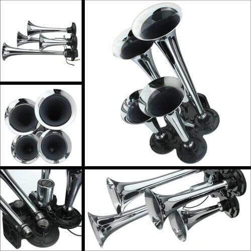 150.2db 12V / 24V Chrome Plated Super Loud 4-Trumpet Train Air Horn Kit Universal for Truck Lorry Boat Motorcycle Claxon Horns