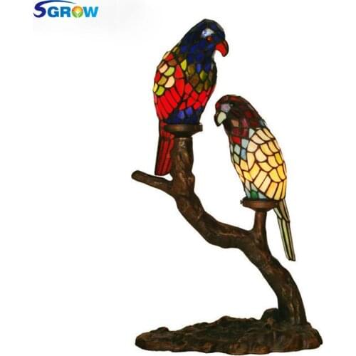 SGROW 2 Heads Tiffany Table Lamp for Bedroom Garden European Style Glass Parrot Lampshade Desk Lights Indoor Lighting Fixtures