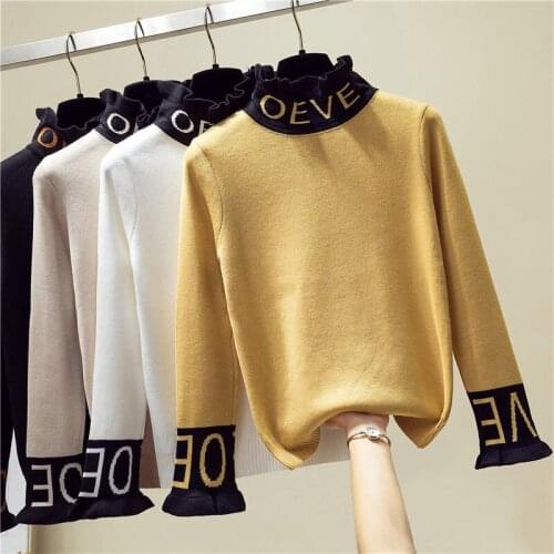 Letters Print Long-sleeve Tights Knitting Pullovers Sweaters Womens 2021 New Autumn Winter High Collar Slim Sweaters Female Top