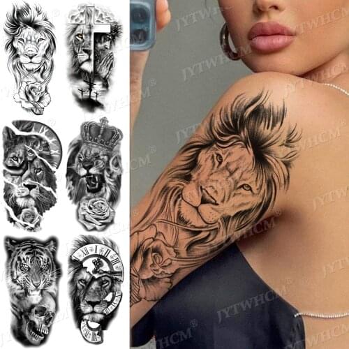 Lion Rose Temporary Body Tattoo Geometry Black Forest Skull Tiger Wolf Tattoo Sticker Evil Devil Jeweler Supernatural Tato Adult