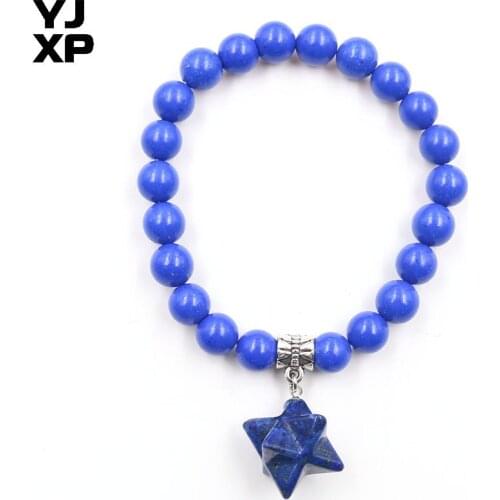 YJXP Ethnic Silver Plated Lapis Lazuli Stone Beads with Star Bracelets for Anniversary Jewelry