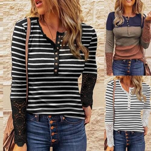 Fashion New T-shirt Women Autumn winter Sexy Stripe Printing Lace Stitching Long Sleeve O-Neck TShirts Blouse Tops футболка