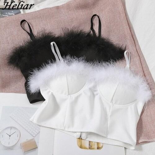 HELIAR Plush Short Camis Women White Crop Tops Zipper Shoulder strap Sexy Sweet Bra Tops Ladies Rock Casual Camisole