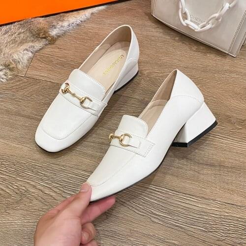 2021 Newest Women Shoes 4cm Low Thick Heel Square Toe Shallow Metal Loafers Oxford Slip On High Heels Leather Footwear
