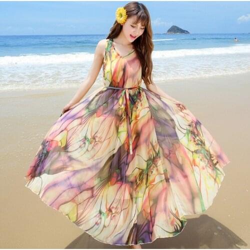 Western Dress For Female tropical print Chiffon Maxi Dress Summer Vacation Beach Casual Dresses Plus Size Woman Dress robe