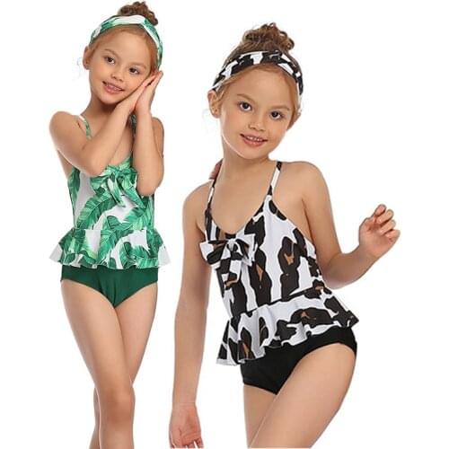 2020 Plant Girls One Piece Swimsuit Bow Backless Kids Swimwear Beach Halter Backless Thong Sportwear Ruffles Children Clohtes