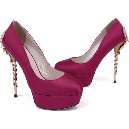 2020 New Womens Round Toe Wedding Shoes Slip On High Quality Brand Platform Female Shoes Fashion High Heel Shoes Red Plus Size