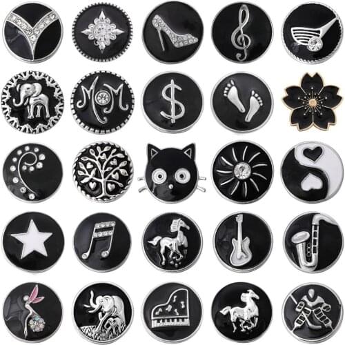 6pcs/lot New Snap Jewelry Black Drip Oil Mom Cat Tree Elephant 18mm Snap Button DIY Bracelet for Women Girls Gift Accessories