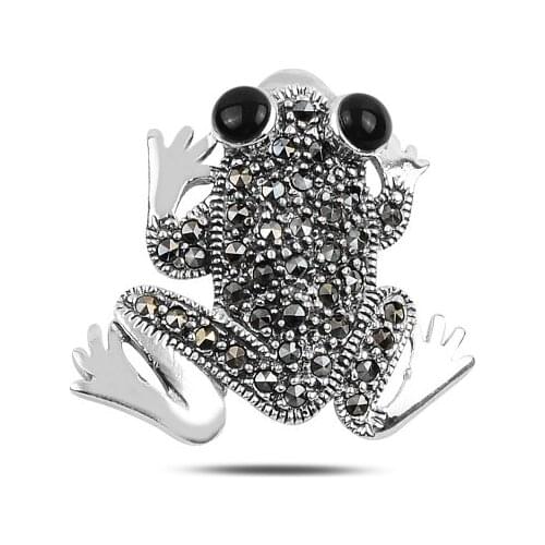 Silverlina Silver Frog Natural Stone & Marcasite Gemstone Brooch