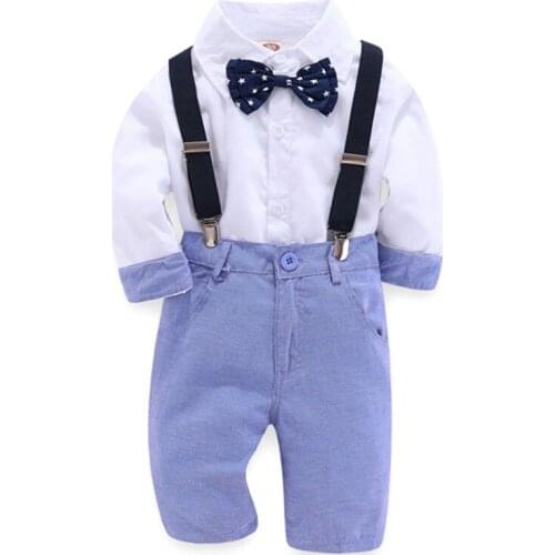 Kids Clothes Boy White Shirt With Bow + Blue Pants + Black Belt Suit 4 Pieces/Set Kindergarten Boy Dress Boy 2-6 Years Outfits