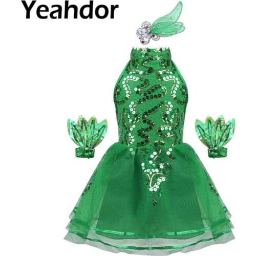 Kids Girls Jazz Ballet Dance Stage Dancewear Costumes Sleeveless Mock Neck Shiny Sequins Mesh Dress with Headwear Wristband Set