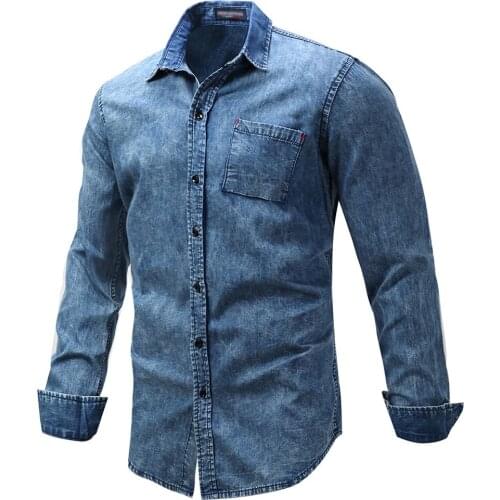 Denim shirt men long sleeve pocket boys shirts turn-down collar large size blue casual shirt retro vintage blend cotton shirts