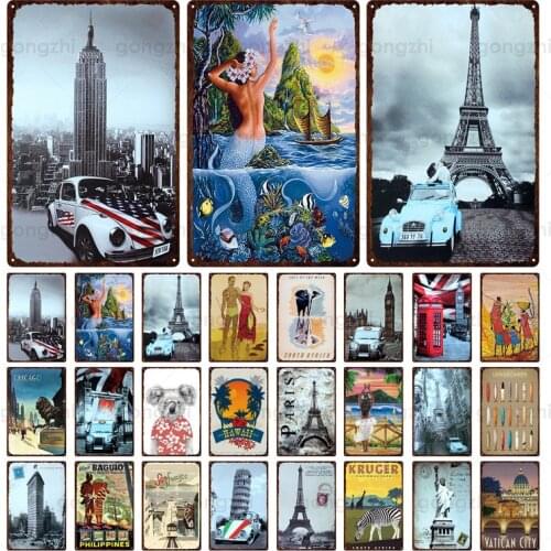 French Classic Tourist City Metal Sign Famous Tourist City Building Eiffel Tower Plaque Retro Home Decor Souvenir Holiday Gift