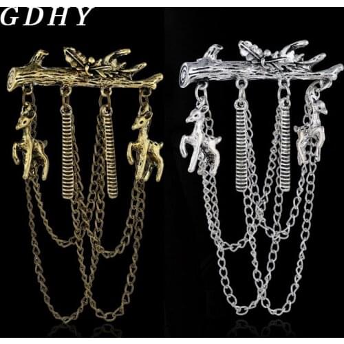 GDHY Vintage Tassels Branch Elk Horse Brooches Metal Chains Elk Horse Pins Christmas Leaf Tassel Collar Badge Men Jewelry Gift