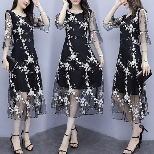 Summer womens clothing Korean-style elegant slimming mesh dress embroidered floral maxi dress chiffon lady casual female dress