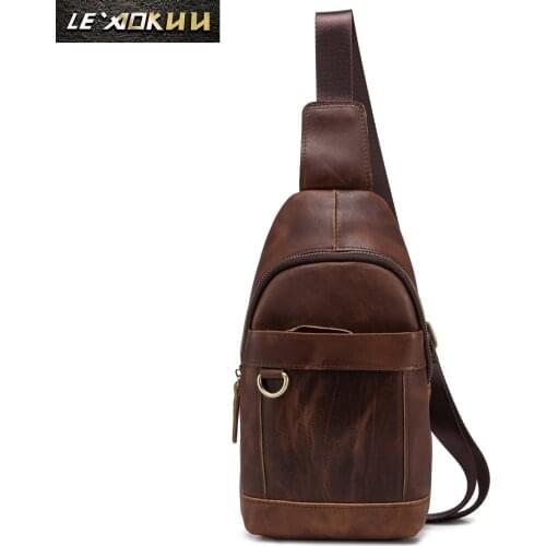 Le'aokuu Men Real Leather Casual Chest Bag Sling Bag Design One Shoulder Bag Crossbody Bag Daypack For Male 8016d