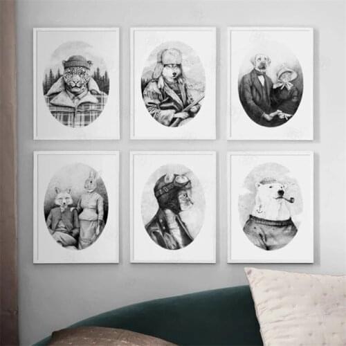 Black White Animal Wall Art Canvas Painting Dog Cat Leopard Fox Rabbit Bear Portrait Nordic Poster and Print Picture Home Decor