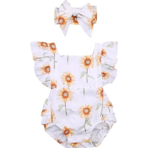 New 2Pcs Baby Girls Outfit Infant Summer Creative Sunflower Printing Fly Sleeve Suspender Romper + Bow Headwear Set