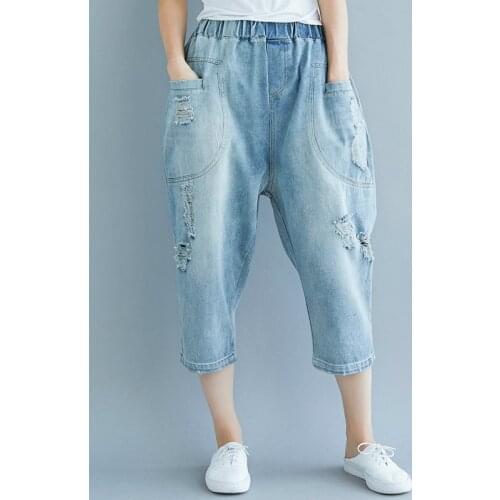 New style big size causal calf-length jeans pants, with hole & baggy pants& elastic waist leisure,yz0035