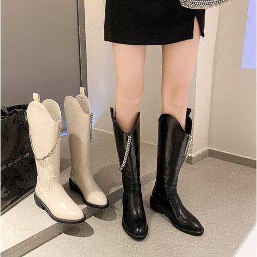 2021Autumn Western Cowboy Boots European Fashion Metal Chain All-Match Womens Knee-High Boots Mid-tube Knight Pointed Boot Shoe
