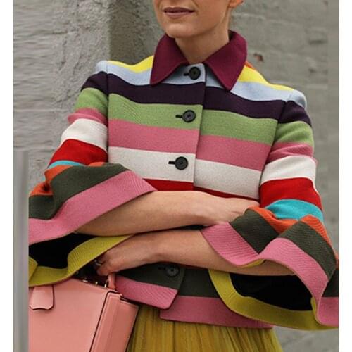 Autumn and Spring Rainbow Stripes Ladies Elegant Lapel 3/4 Petal Sleeve Jacket Office Ladies Casual Cute Single-breasted Jacket