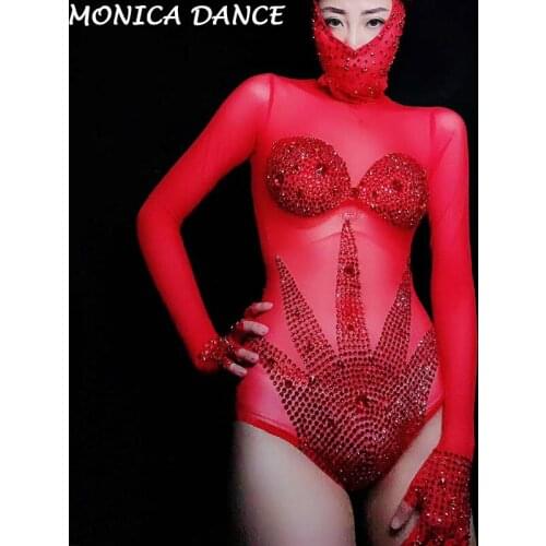 Sexy Sparkly Red Rhinestone Mesh Bodysuit Performance Dance Outfit Women Bar Dance Stage Party Sexy Costume Celebrate Bodysuit