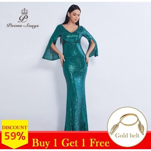 Poems Songs new Sequin V-neck attractive mermaid evening dress reflective vestidos largos beautiful robe longue soiree