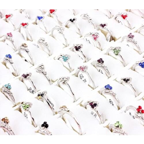 QianBei 50pcs/set Wholesale Mixed Lots Shiny Crystal Rhinestone Rings Kid Children Engagement Wedding Bridal Finger Ring Jewelry