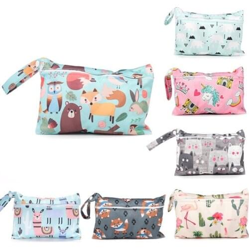 Baby Diaper Bag Printed Waterproof Wet Dry Nappy Zipper Handbag Stroller Carry Pack Travel Outdoor Wet Diaper Storage Bag Pocket