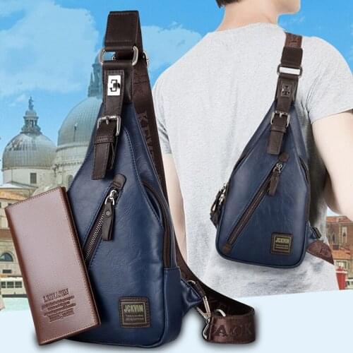 Mens Fashion Messenger Bag Anti-theft Rotatable Button Opening Leather Chest Bag Mens Shoulder Bag Chest Waist Bag
